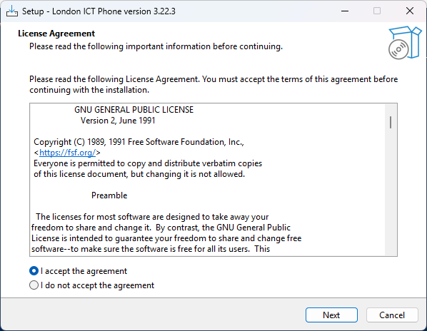 The same page with I accept the agreement selected, and Next now available.