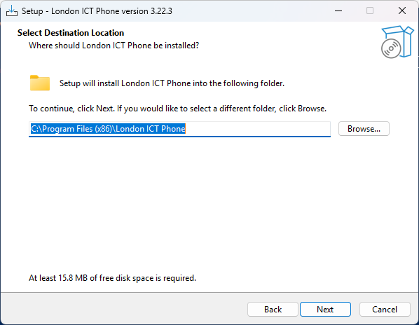 The page asking where London ICT Phone should be installed.