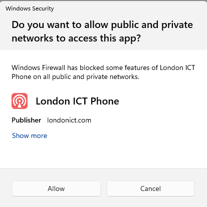 Windows asks whether to allow public and private networks to access London ICT Phone.