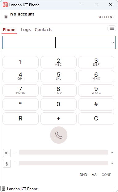 London ICT Phone open for the first time. It says No account at the top and Offline in the corner.
