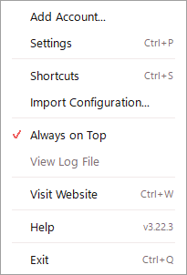 The menu, showing Add Account, Settings, Shortcuts, Import Configuration and other items.