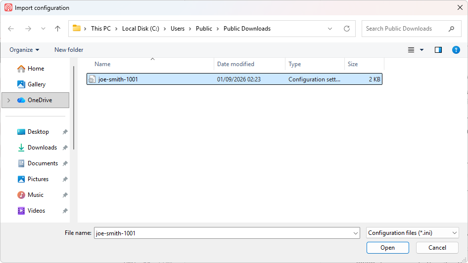 The same picker with the settings file selected.