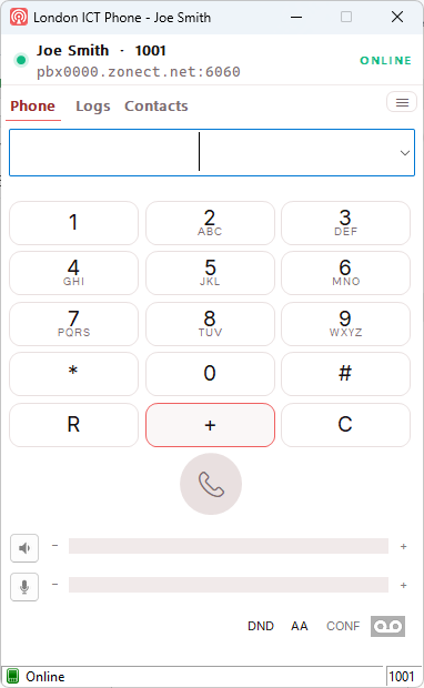 London ICT Phone showing the user's name and extension, with ONLINE in green in the corner.