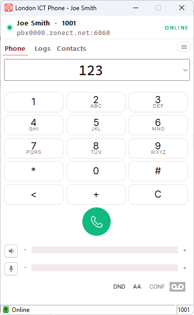 The number 123 typed into the box, with a green call button below the keypad.