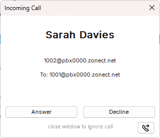 An incoming call window showing the caller's name and number, with Answer and Decline buttons.