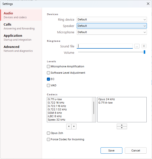 The settings window, showing the ring device, speaker and microphone options.