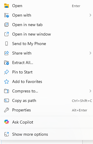 The right-click menu, with Extract All near the middle.
