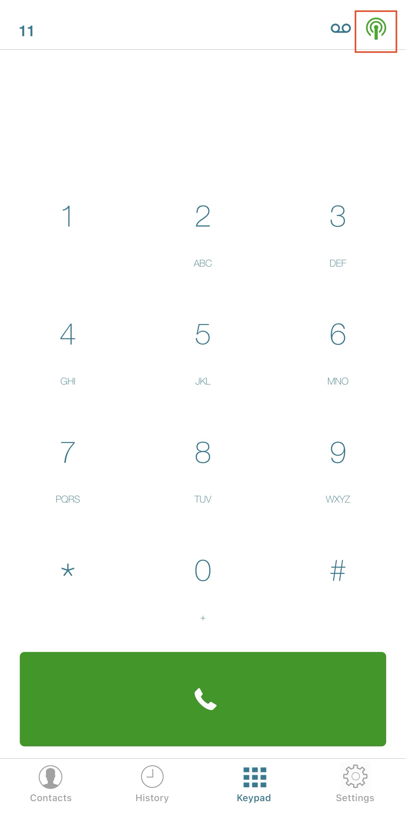 Registered — green signal icon on the keypad